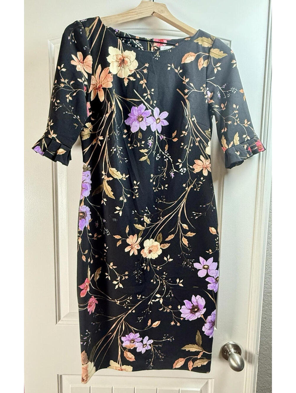 Calvin Klein Floral Dress Bell Sleeve Black Purple Wedding Cocktail Party SZ 10